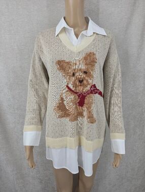 Jones NY Beige Knit Sweater with Puppy and Scarf Crisp White Collar Shirt Tail